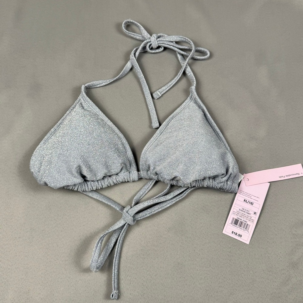 Wild Fable Silver Metallic Triangle Bikini Top XL 16 Sparkle Shimmer 7KWEP7 NEW